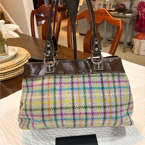 COACH Penelope Tattersall Wool Plaid Satchel Bag  Purple Interior patent trim EU - Picture 14 of 15